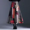 Plus Size 4XL Printed Fllowers Red Long Skirts Fashion Winter Women Casual Maxi Femme Elastic High Waist Plaid Wool 210421