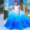 Witte en blauwe veer bloem meisje jurken voor bruiloft ruches meisjes pageant jurk kant applique prinses kinderen jassen