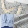 Camicia patchwork blu scollo a V mezza manica impero pulsante minigonna in tweed a due pezzi donna T0276 210514