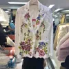 Autumn White Lace Women Long Sleeve Notched Flower Embroidery Pearls Blazer Shawl Collar Pocket Floral Jacket Coat 210416