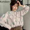 Korobov Été Nouvelles Femmes Blouses Coréennes À Manches Longues Imprimer Blusas Mujer Col Rabattu Poches Harajuku Chemises 210430