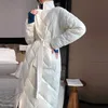 Uzun Kışlık Coat Rhombus Desen Rahat Sashes Kadın Parkas Cepler Özel Yaka Kirpi Ceket Pamuk-Yastıklı Dış Giyim 211204