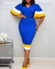 Długość kolana Bodycon Sukienka Kolor Flare Z Krótkim Rękawem V Neck Eleganckie Biuro Panie Kobiece Skromne Klasyczne Afrykańskie Kobiety 210525