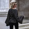 Guld Polka Dot Pelpum Black Vintage Blouse Toppar Kvinnor Flare Ärm Kontor Ladies Toppar V Nacke Casual Blouse 210415