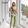 Elegante groene tweedelige vrouwen pak casual zomer mouwloze v-hals top broek sets mode solide office dames pakken 210414