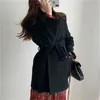 Koreaanse wollen gordel blazer jas vrouwen herfst winter lange mouw ol stijl elegante mode dames jassen jassen femme 210513