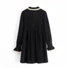 Women Sweet Lace Ruffles Black Chenille Mini Dress Femme Turn Down Collar Buttons Vestido Chic Party Clothing DS4915 210420