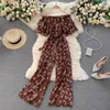 Sweet Ruffled One-line Collar Strapless Short-sleeved Retro Print Lace-up Waist Thinning Wide-leg Pants Holiday Jumpsuit GK639 210506