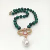 YYGEM 18" 12mm Collana rotonda con occhio di tigre verde Collana bianca Keshi Pearl Cz pavé Ciondolo placcato oro colr per donna