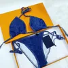 Letter Floral Print Blue Women Swimwear Backless Trendy Sexy Bathing Suit Two Piece Summer Bikini Beach Travel Swimsuit