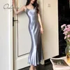 Ordifree 2021 Zomer Vrouwen Lange Satijnen Slip Drspaghetti Strap Party Drvintage Gold Black Silk Sexy Maxi Dress X0529