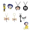RJ 20Pcs Whole Anime Coraline Necklace dragonfly Pendants Black Button Key Skull Halloween Choker Cosplay Jewelry Fans Gift