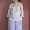Johanature женщины китайский стиль рубашки и вершины печати цветочные блузки O-образным вырезом семи рукава пуловерные рубашки Летние Ramie Top 210521