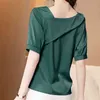 Summer Short Sleeve Silk Women Blouse and Tops Office Lady Skew Collar Satin Shirts Plus Size Female Clothing 13906 210508