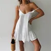 Mini sommar klänning rem av axel gul vit ruffle lös casual linne sundress sexig strand kvinnor vestidos 210517