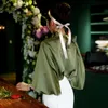 İlkbahar Yaz Kadın Vintage Uzun Fener Kol Büyük Ilmek Dantel-up Gevşek Gömlek Ofis Bayan Katı Şifon Bluz Top 210416