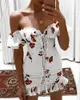 Kobiety Summer Sukienka 2020 Lace Up Bez Ramiączek Od Ramię Sexy Sukienka Z Krótkim Rękawem Wakacje Floral Print Ruffle Beach Dress White X0521