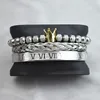 Pulsera con dijes de acero inoxidable de titanio, juego de 3 piezas trenzadas con números romanos, pulseras para amantes de la corona para mujeres y hombres, joyería de lujo Valenti253d