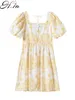 hsaヨーロッパとアメリカの夏の風の女性の黄色い花刺繍された正方形の襟半袖ドレス2259 210716
