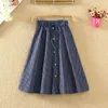 Kvinnor ruffle hög midja veckad kjol Summer Knee Lenth Bow Strap Denim kjolar Nya koreanska blå randig midi kjol kvinnlig 210415