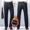 Zimowe męskie Ciepłe dżinsy Classic Style Zagęścić Denim Elastyczne Slim Fit Black Jean Spodnie Mężczyzna Marka Casual Business Blue 211108