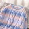 Höst Vinter Kvinnor Regnbåge Tröjor Slips Dye Pullover O-Neck Lång Loose Striped Korean Jumpers Candy Färg Stora Kvinna Toppar 211216