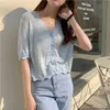 Hohl Gestrickte Strickjacke Frauen Sommer Kurzarm V-ausschnitt Einreiher Dünne Crop Tops Pullover Koreanische Mode Jumper 210513