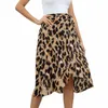 Skirts Women Chiffon Leopard Print Skirt High Waisted Bandage Long Sexy Split Streetwear M Size Brown