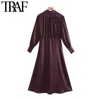 TRAF女性ファッションボタンソフトタッチ非対称MIDIドレスヴィンテージパフスリーブサイドジッパー女性ドレスMujer 210415