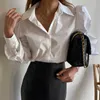 Spring Korean Office Lapel White Blouse Women Versatile Simple Bubble Sleeve Fashion Tops Single Breasted Straight Shirt 210527