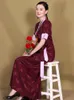 Traditionell tibetansk kostym orientalisk sommarklänning Vintage Long Qipao Kvinnor Elegant Kortärmad Cheongsam Asiatisk Etnisk Kläder