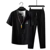 (Рубашка + брюки) летние мужчины хлопчатобумажные и льняные рубашки с коротким рукавом мужские повседневные рубашки мужчины мужские набор размеров одежды M-5XL TZ029 x0610