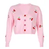 Zoete lente vrouwen truien lange mouw v-hals kersen borduurwerk cardigan jas losse trek femme jumpers gebreide shirts tops 210610