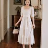 Summer Arrival Sale Retro Square Collar Flower Embroidery Short Sleeve Women Lace Mermaid Long Dress 210603
