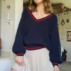 女性用セーターヴィンテージVネックパッチワークセーター