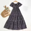 Zomer Casual Vrouwelijke O-hals Ruffled Long Dress Sweet Women Loose Floral Print Beach Fairy 210423