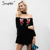 Embroidery off shoulder halter jumpsuit romper Women Flare sleeve short overalls Streetwear casual velvet playsuit 210414