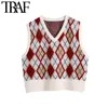 TRAF Women Fashion Loose Cropped Argyle Knitted Vest Sweater Vintage V Neck Sleeveless Female Waistcoat Chic Tops 210415