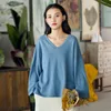 Johnature Women Casual Pullover Bluzy V-Neck Flare Rękaw Solid Color Jesień Luźne Sweet Mori Girl Sweatshirts 210521