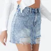 Womens Blue Washed Mini Denim Skirt High Waist Frayed Hem Distressed Ripped Short Soft Fabric Comfortable to Touch Elegant X0428