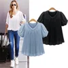 Plus Size 5XL Summer Women Blouses Short Sleeves Pleat Chiffon Female Tops European Style Casual Loose Shirts Blusas 210520