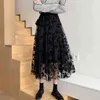 Se Thrugh Black Mesh Florl Print Broderi Kjolar Kvinnor Tulle Tyg Retro Hög Midja Fluffy Kläder Kvinna Casual Loose Jupe 210417