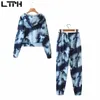 Stayhome style tie-dye Completi tuta da donna Set da 2 pezzi Felpa con cerniera allentata Pantalone elastico a vita alta Set primavera 210427