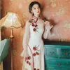 Vestidos Vintage Bahar Mesh Çiçek Nakış Zarif Tam Kollu Orta Buzağı Kadın Elbise Geliştirilmiş Cheongsam Kadın 210603