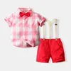 Cute Baby Boys Set di abbigliamento stile gentiluomo Camicia a quadri a maniche corte per bambini estivi con papillon + pantaloncini con bretelle 2 pezzi Set per bambini Completi per ragazzo Abiti