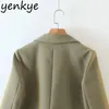 Chaqueta de bolsillo verde vintage para mujer, manga larga, cuello de muesca, moda, oficina, chaqueta recortada, prendas de vestir exteriores de otoño, Tops LJPZ9385 210514