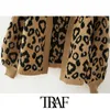 TRAF Women Fashion Leopard Mönster Lös Strikkad Cardigan Sweater Vintage Lantern Sleeve Kvinna Ytterkläder Chic Toppar 210415