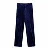 Elegant Women Solid Striped Long Pants Fashion Ladies Straight Trousers Causal Female Chic Blue Thick Velvet 210427