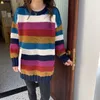 H.SA Moda Feminina Camisola Longa Listrado Jumpers Sweater Arco-íris Pullovers Mulheres Sueter Mujer 210417