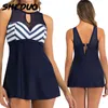 Swimwear Plus size swimsuit skirt Sport tankini Striped two pieces Crossed Vintage large size bathing suit for women 5XL 210407